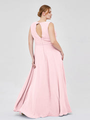 V-neck Chiffon Bridesmaid Gown with Cascade Skirt Blushing Pink Plus Size