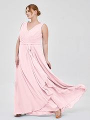 V-neck Chiffon Bridesmaid Gown with Cascade Skirt Blushing Pink Plus Size