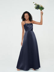 Spaghetti Straps Pleated Bodice Satin Gowns-Dark Navy