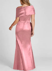 Tight fitting/column off shoulder to ground length, mother of the bride dresses