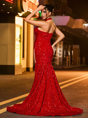 Halter Sequins Cut Out Mermaid Dress Burgundy