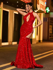 Halter Sequins Cut Out Mermaid Dress Burgundy
