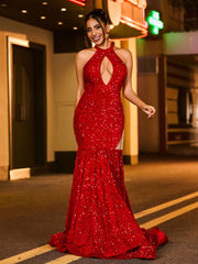 Halter Sequins Cut Out Mermaid Dress Burgundy