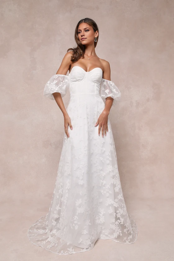 Romantic Off-the-Shoulder White Floral Off-the-Shoulder Wedding Gown