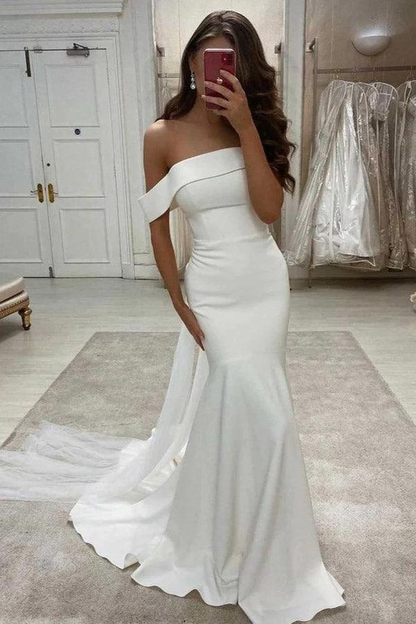 Romantic Simple Mermaid Off The Shoulder Ivory Satin Wedding Dress TN323