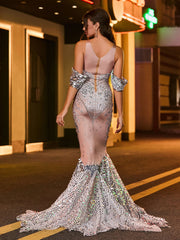 Shimmering Rhinestone-Covered Mermaid Evening Gown Silver