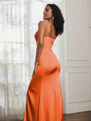 Sheath V-Neck Floor-Length Satin Prom Dress Burnt Orange