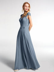 Lace Bodice Chiffon Skirt Dress with Cap Sleeves-Dusty Blue