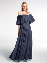 Off the Shoulder Ruffles Chiffon Maxi Dress-Dark Navy