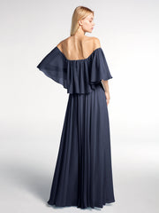 Off the Shoulder Ruffles Chiffon Maxi Dress-Dark Navy