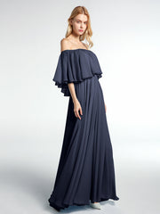 Off the Shoulder Ruffles Chiffon Maxi Dress-Dark Navy