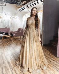 Rose Gold Sparkly Formal Dress V-neck Spaghetti Straps