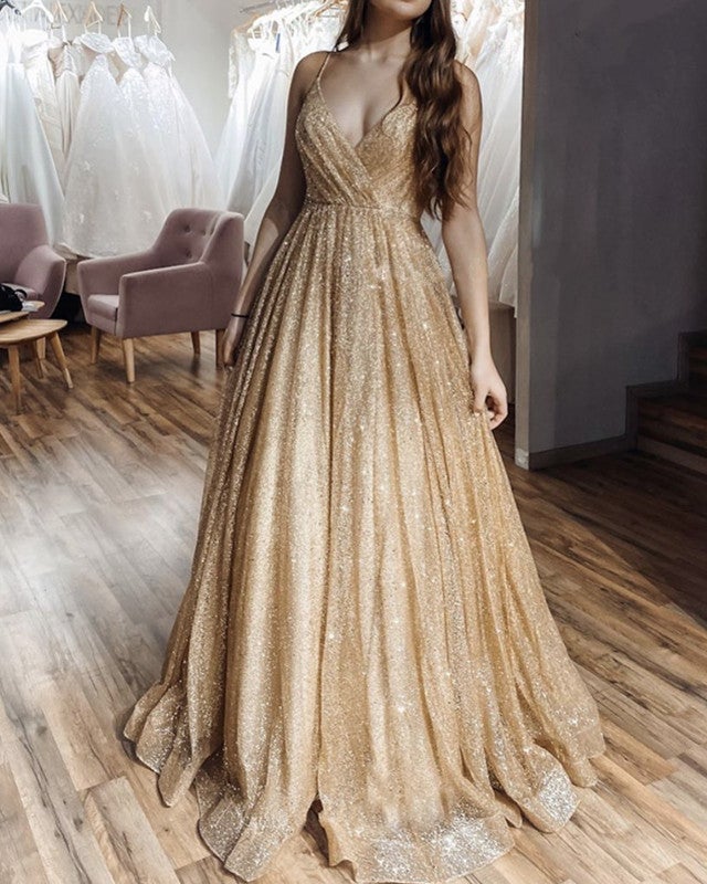 Rose Gold Sparkly Formal Dress V-neck Spaghetti Straps