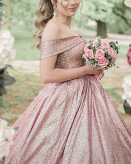 Rose Gold Wedding Dress Princess Sequins Ball Gown Off Shoulder