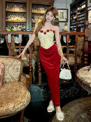 Vintage 3D Rose Sweetheart Prom Dress Red Velvet Sheath Evening Dress Long Formal Dress HZ1024
