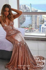 Rose Gold Sequine Spaghetti Strap Mermaid Backless Party Dressea, CP0745