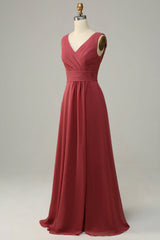 V Neck Sleeveless Chiffon Long Bridesmaid Dress