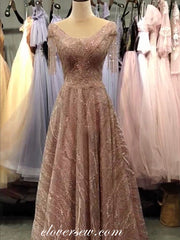 Rosy Lace Bead Short Sleeves With Tassel A-line Prom Dresses, CP0664
