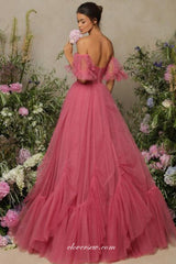 Rosy Pink Tulle Ruffles Off The Shoulder Princess Prom Dresses,CP0971