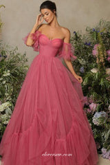 Rosy Pink Tulle Ruffles Off The Shoulder Princess Prom Dresses,CP0971