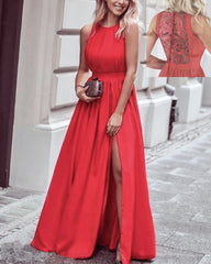Round Neck Chiffon Long Split Prom Dresses With Lace Back