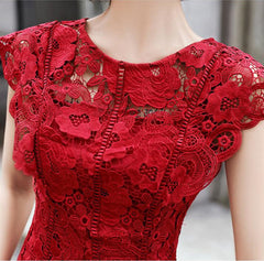 Round Neck Cap Sleeves Knee Length Floral Burgundy Lace Prom Dress, Burgundy Lace Formal Graduation Homecoming Dress