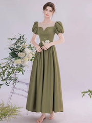 Round Neck Green Tea Length Prom Dresses, Green Round Neck Tea Length Formal Evening Dresses