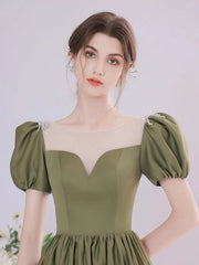 Round Neck Green Tea Length Prom Dresses, Green Round Neck Tea Length Formal Evening Dresses