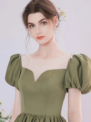 Round Neck Green Tea Length Prom Dresses, Green Round Neck Tea Length Formal Evening Dresses