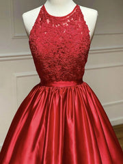 Round Neck Red Lace Long Prom Dresses, Red Lace Formal Evening Graduation Dresses