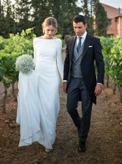 Round Neck Simple Long Sleeves White Beach Low Back Wedding Dresses With Train/No Veils