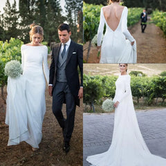 Round Neck Simple Long Sleeves White Beach Low Back Wedding Dresses With Train/No Veils