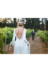 Round Neck Simple Long Sleeves White Beach Low Back Wedding Dresses With Train/No Veils