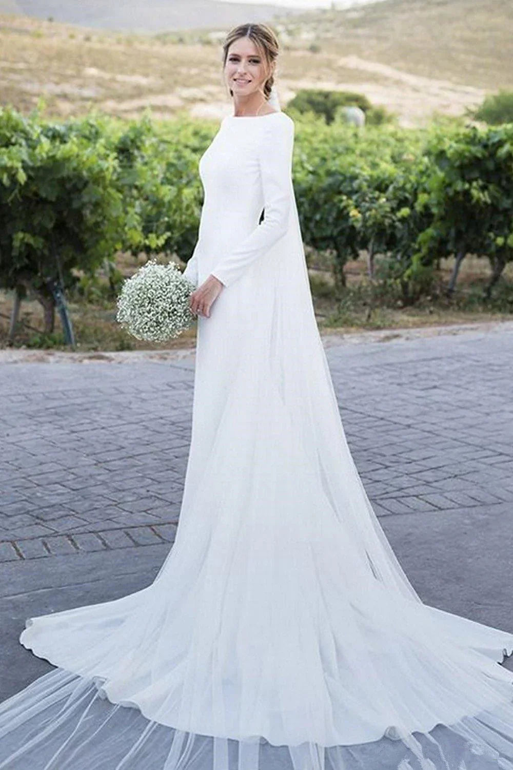 Round Neck Simple Long Sleeves White Beach Low Back Wedding Dresses With Train/No Veils