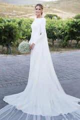 Round Neck Simple Long Sleeves White Beach Low Back Wedding Dresses With Train/No Veils