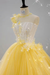 Round Neck Yellow Lace Tulle Prom Dress, Yellow Lace Short Homecoming Dress, Yellow Formal Graduation Evening Dress A1633