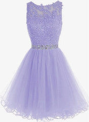 Cute Round Neck Lace Short Purple Prom Dresses, Purple Homecoming Dresses