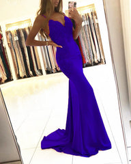Elegant V Neck Appliques Satin Mermaid Open Back Dresses