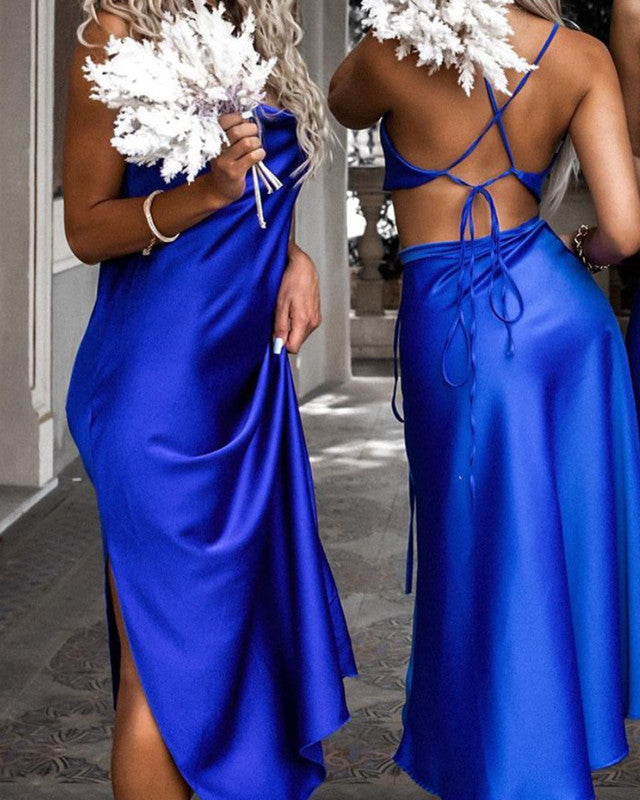 Royal Blue Midi Bridesmaid Dresses Open Back