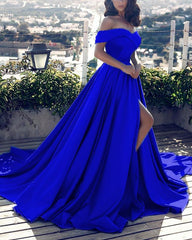 Off Shoulder Long Satin Prom Dresses Womens Formal Evening Gowns