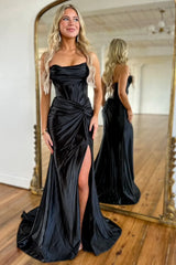 Wholesale Mermaid Royal Blue Strapless Lace Up Long Satin Prom Dress With Split prom dresses with long sleeves