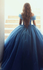 Royal Blue Tulle Cinderella Quinceanera Dresses Ball Gowns