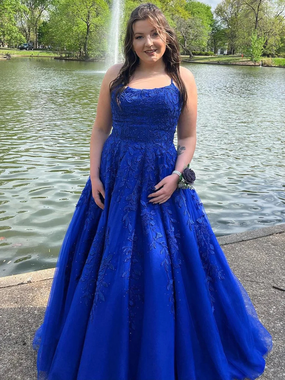 Royal Blue Backless Lace Prom Dresses, Open Back Royal Blue Lace Formal Evening Dresses