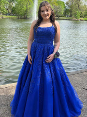 Royal Blue Backless Lace Prom Dresses, Open Back Royal Blue Lace Formal Evening Dresses