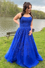 Royal Blue Backless Lace Prom Dresses, Open Back Royal Blue Lace Formal Evening Dresses