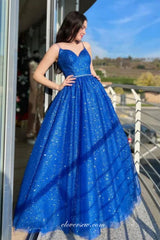 Royal Blue Glitter Tulle Lace Up Back A-line Sparkly Prom Dresses, CP1011