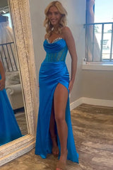 Royal Blue Mermaid Strapless Corset Long Prom Dress TP1329