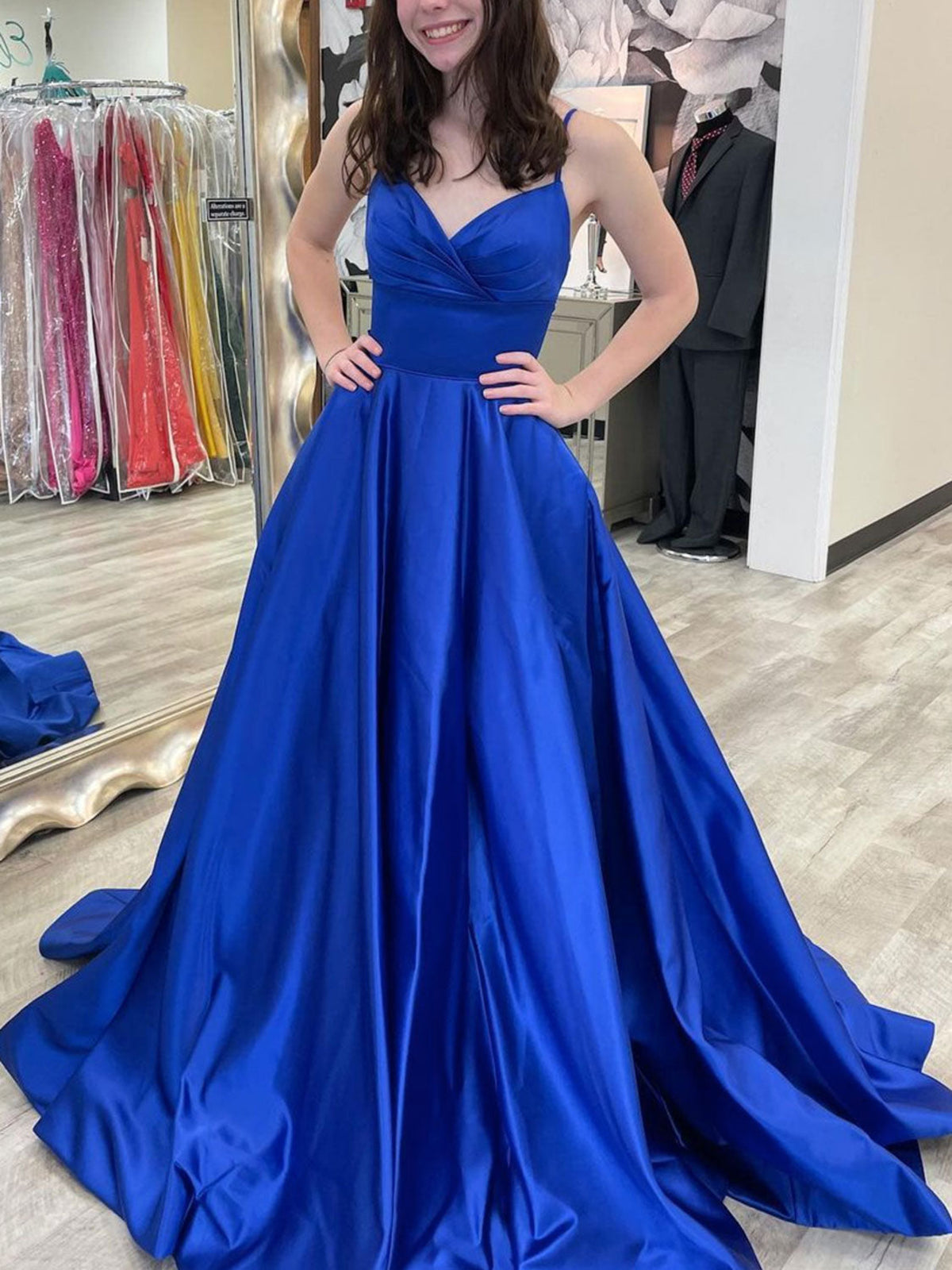 Royal Blue Satin Long Prom Dresses, Royal Blue Satin Formal Graduation Dresses