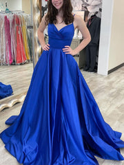 Royal Blue Satin Long Prom Dresses, Royal Blue Satin Formal Graduation Dresses