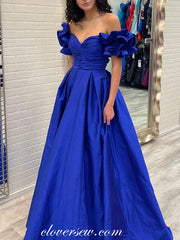 Royal Blue Satin Off The Shoulder A-line Simple Prom Dresses, CP0892